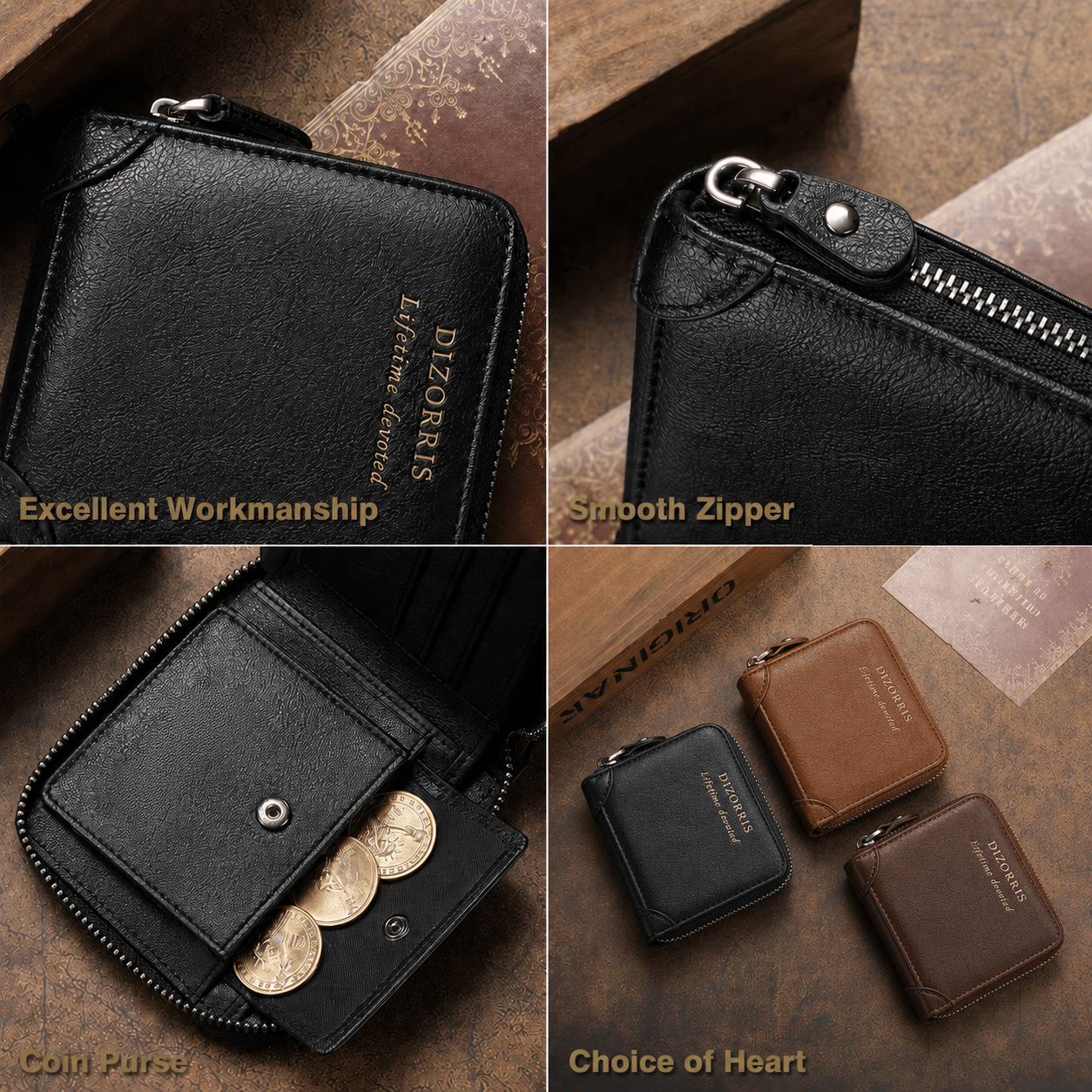 Close-up collage of leather texture, zipper, coin pocket and three colors