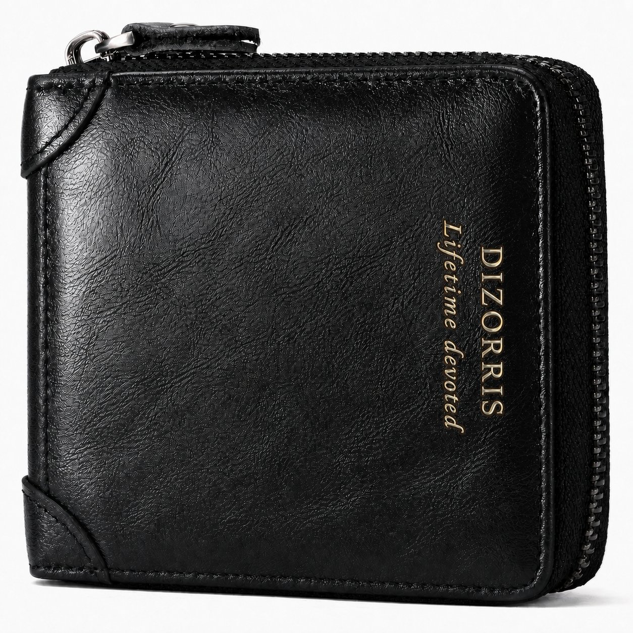 Black full-zip leather wallet with reinforced corner stitching