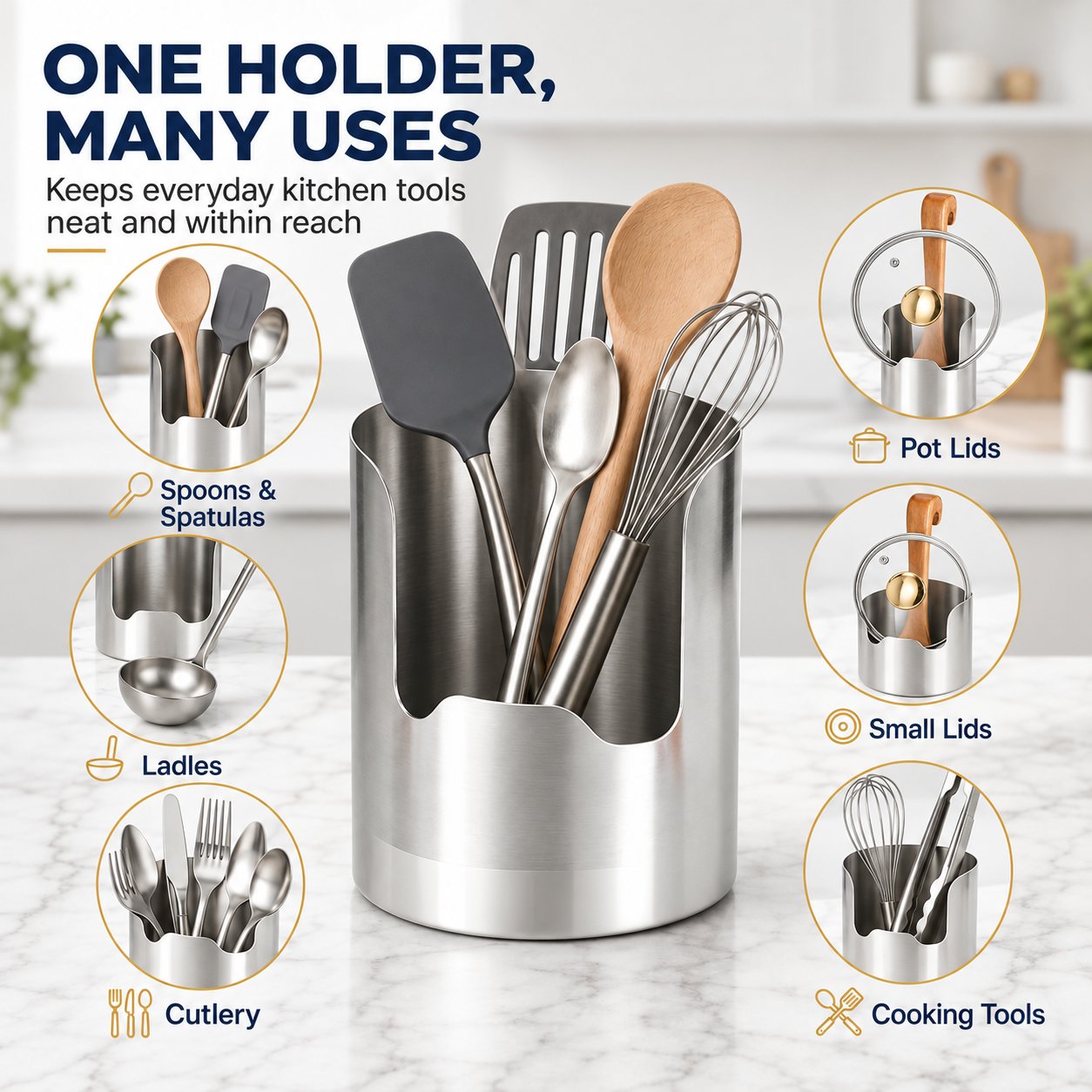 Stainless steel kitchen holder organizing spoons, spatulas, ladles, cutlery, pot lids and cooking tools