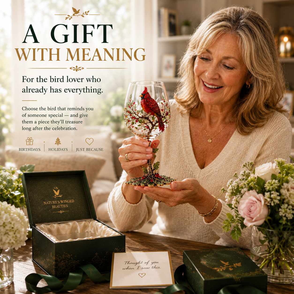 Bird wine glass gift presentation
