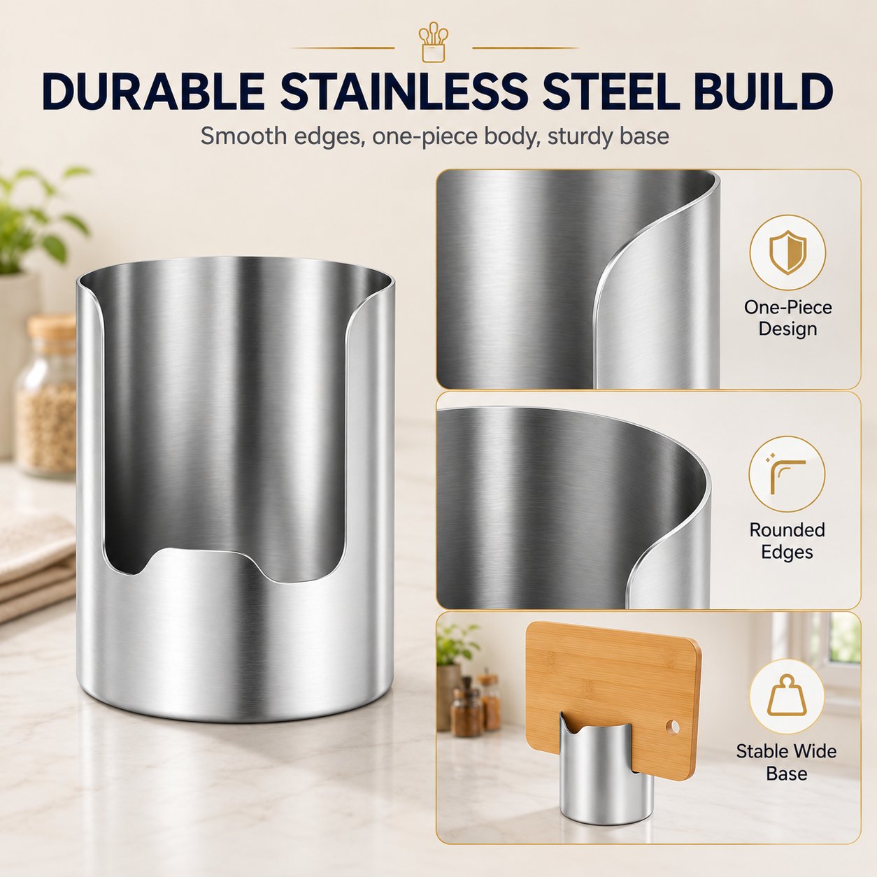 One-piece stainless steel utensil holder with rounded edges and a stable wide base