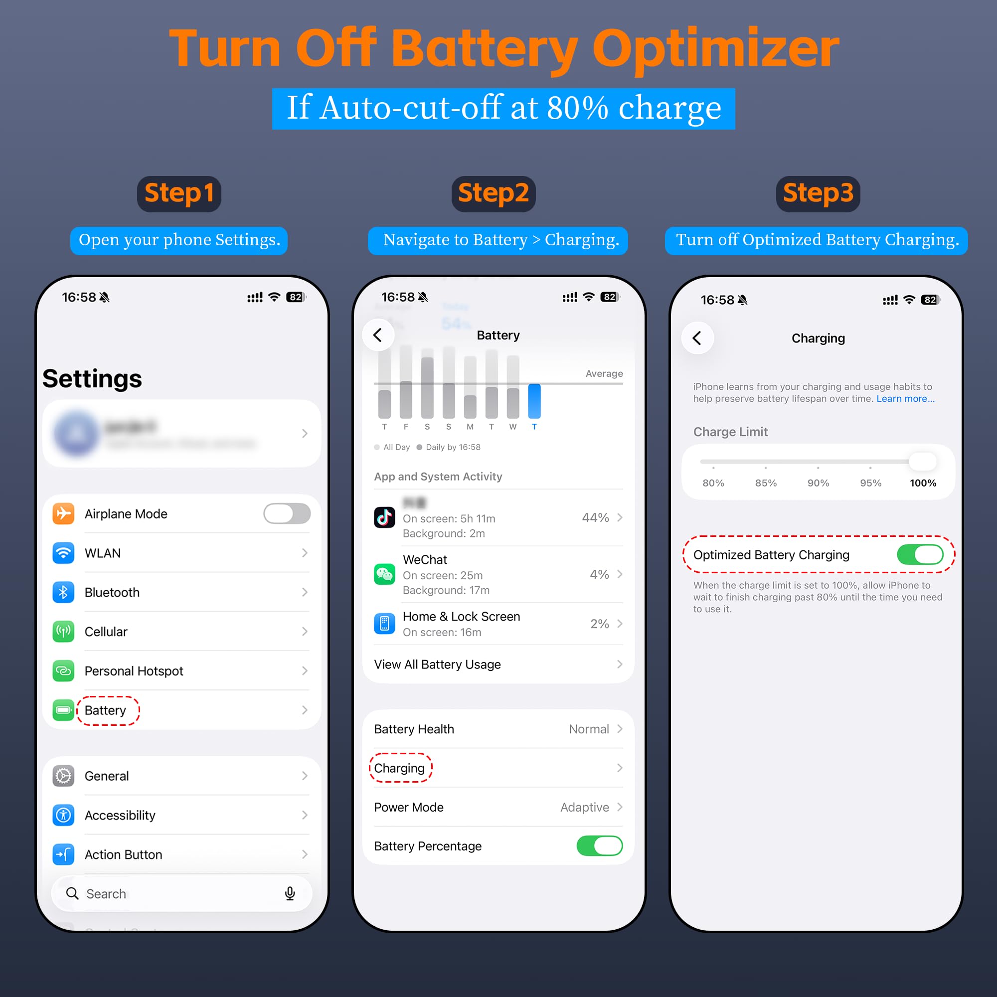 Setup guide for 80 percent automatic charging cut-off Three-step phone setting guide for disabling optimized battery charging before using an 80 percent automatic cut-off