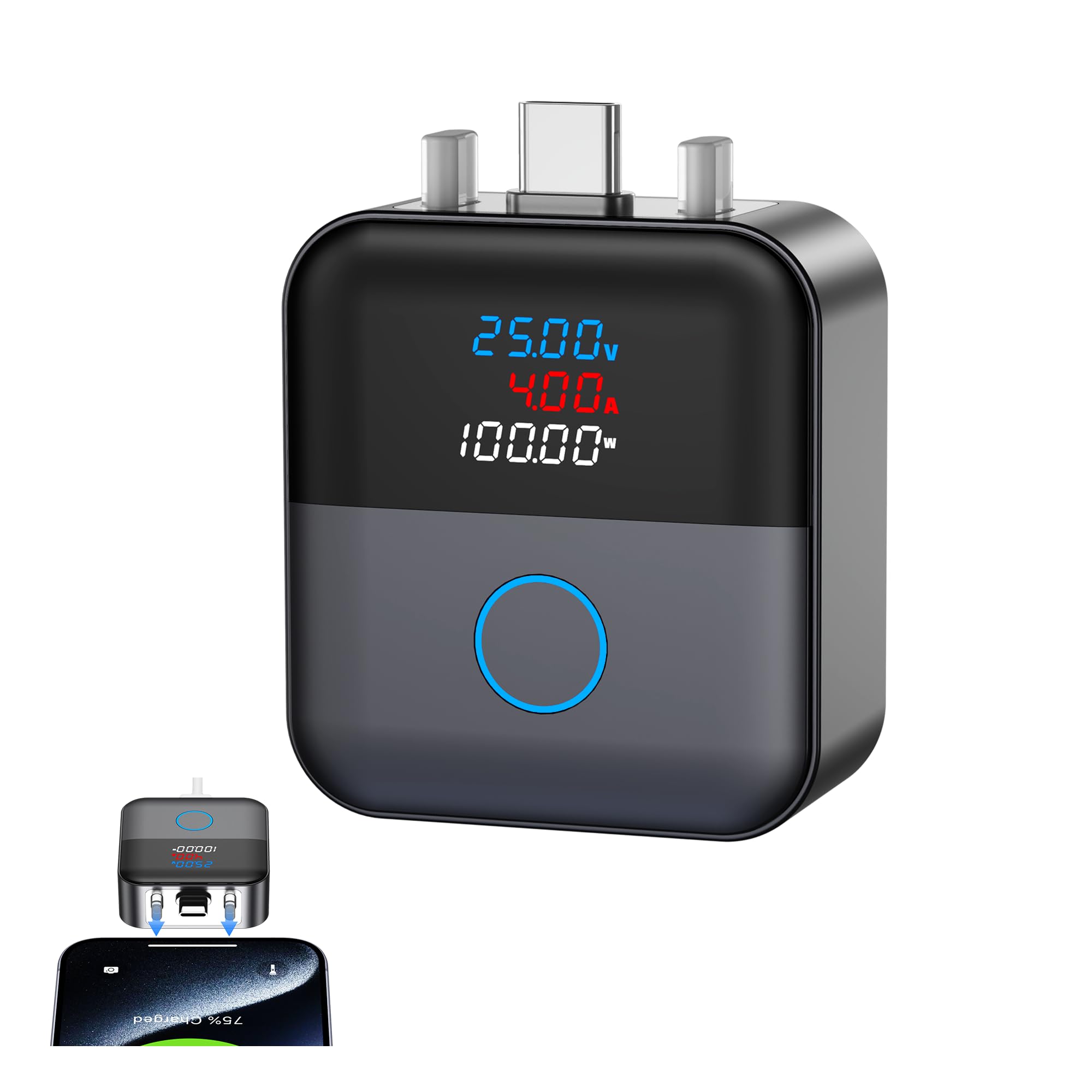 Smart USB-C auto-disconnect charging protector with power display Compact USB-C automatic charging disconnect protector with voltage current and wattage display