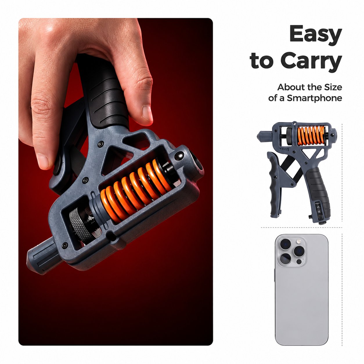 Portable hand grip strengthener approximately the size of a smartphone