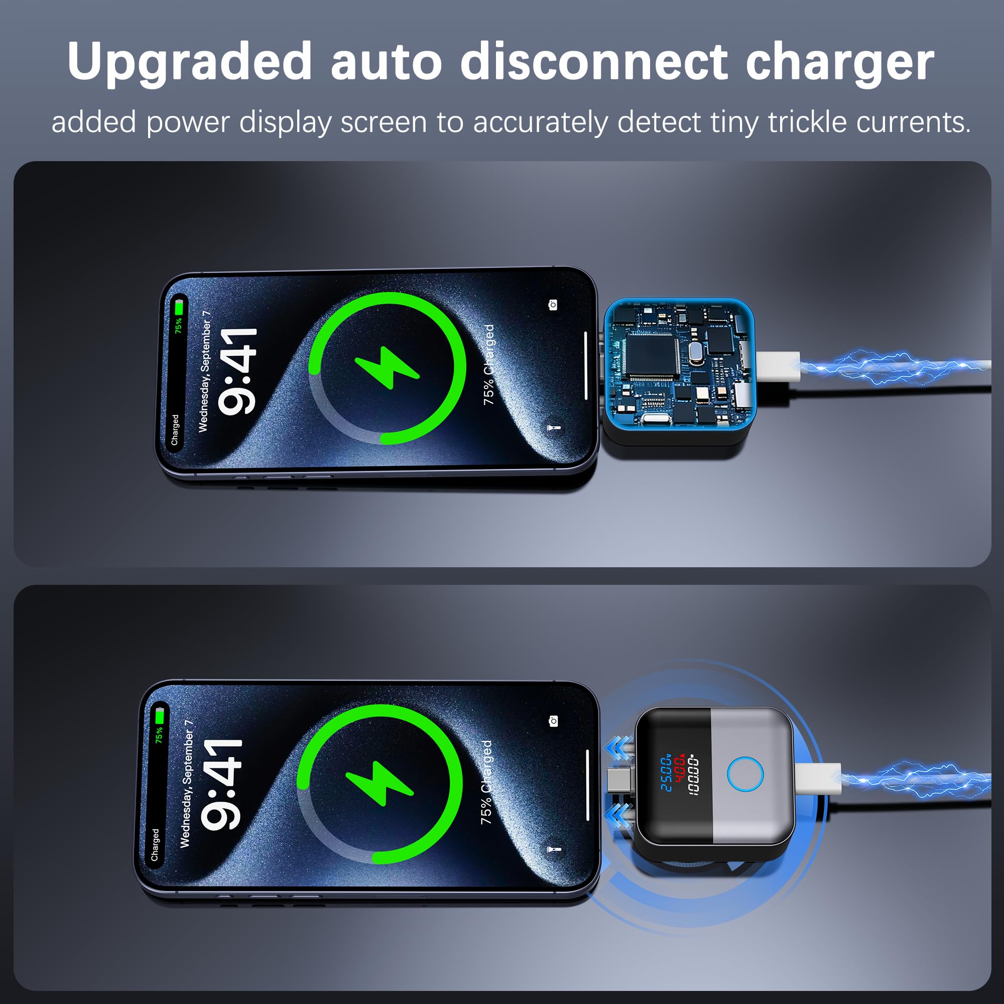 Upgraded automatic disconnect and charging power monitor Automatic charging disconnect adapter detecting small trickle currents with a real-time power display