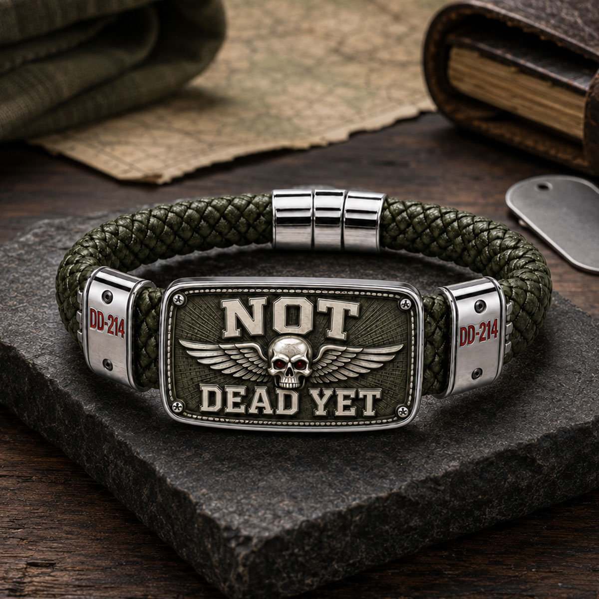 “Not Dead Yet” Veteran Bracelet – Winged Skull Military Humor Braided Cord Wristband