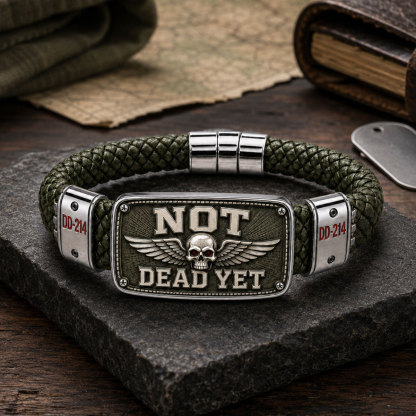 “Not Dead Yet” Veteran Bracelet – Winged Skull Military Humor Braided Cord Wristband