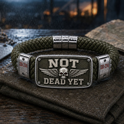 “Not Dead Yet” Veteran Bracelet – Winged Skull Military Humor Braided Cord Wristband