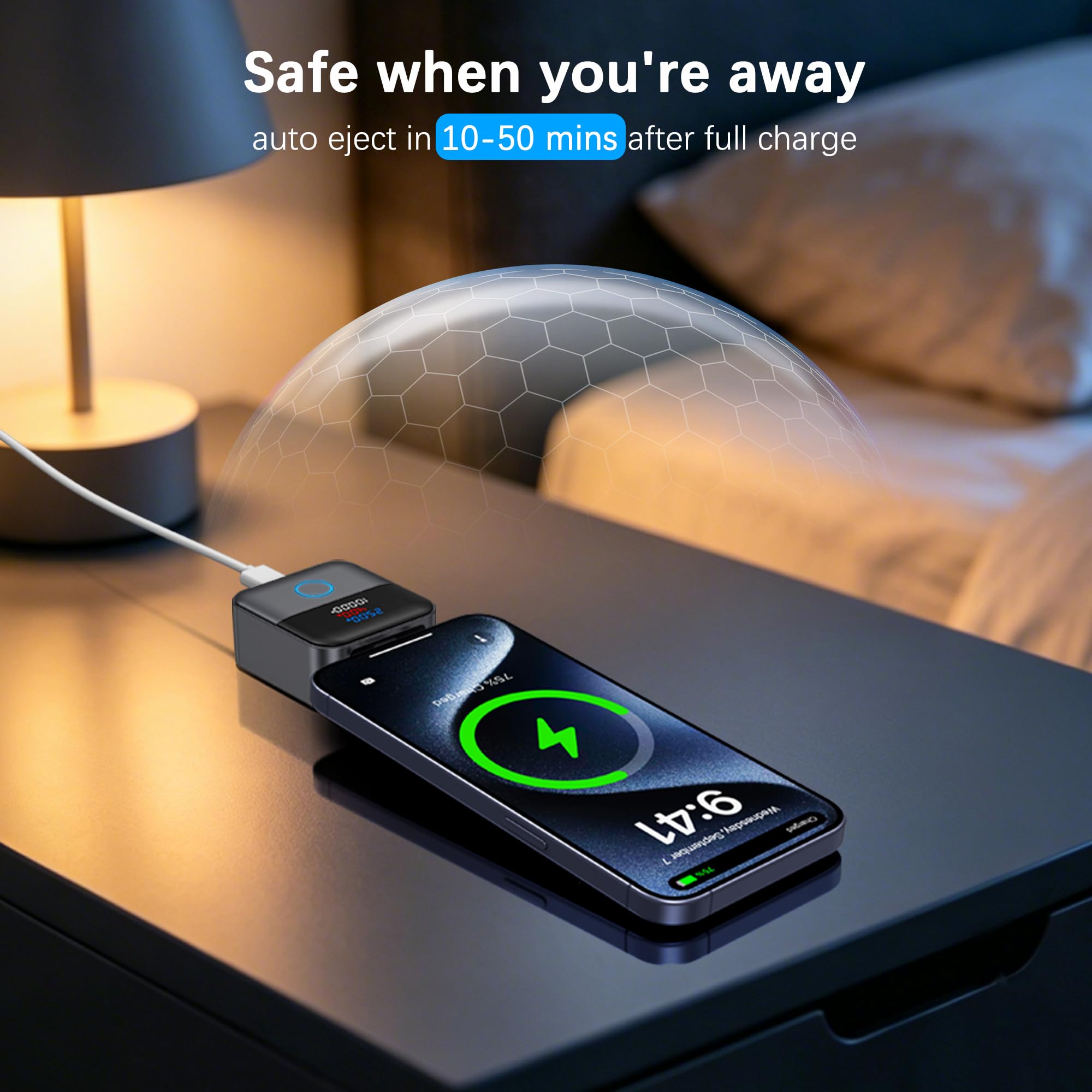Automatic full-charge cut-off for charging while away Automatic USB-C charging cut-off operating after a device reaches full charge while the user is away