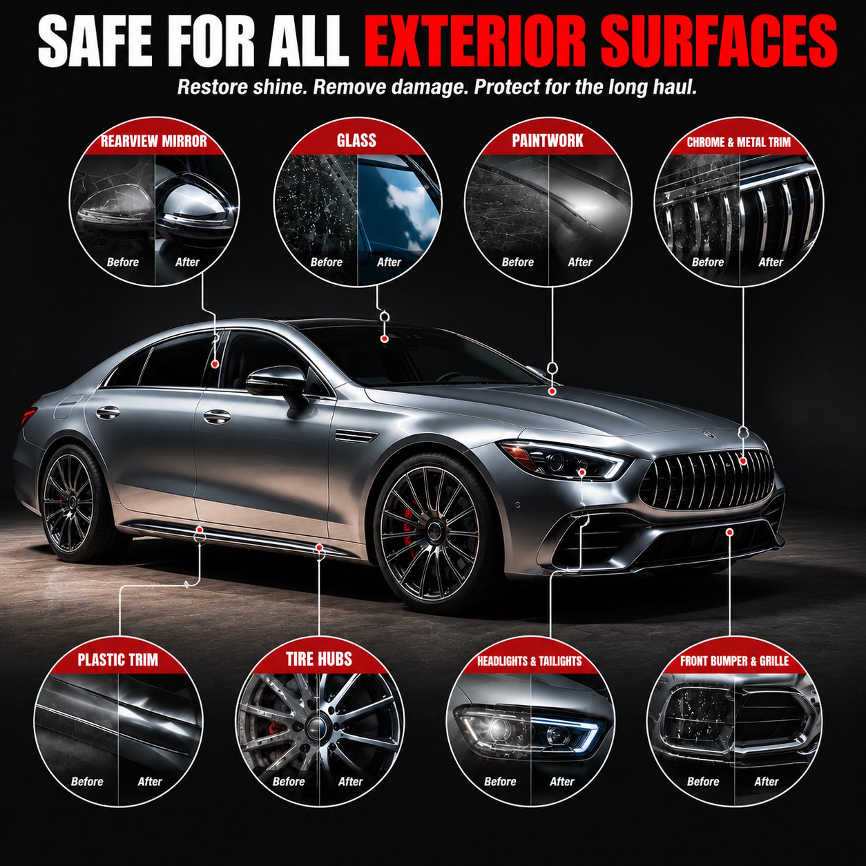 Vehicle exterior areas before and after ceramic coating on mirrors glass paint metal trim wheels lights and plastic
