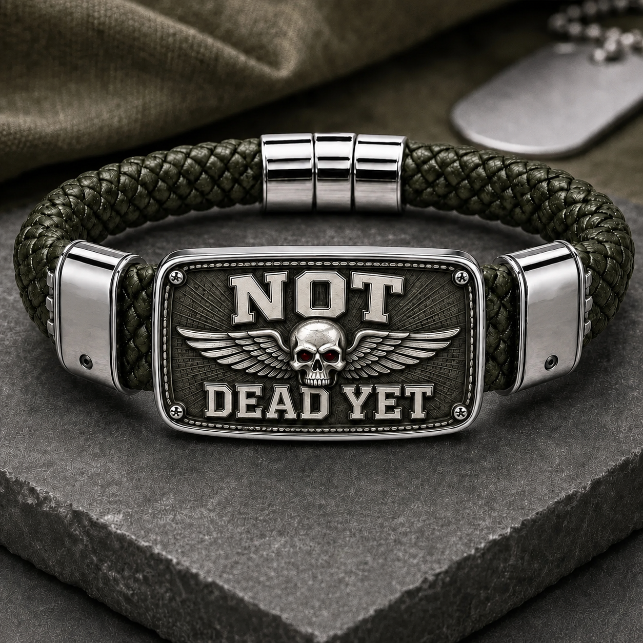 “Not Dead Yet” Veteran Bracelet – Winged Skull Military Humor Braided Cord Wristband