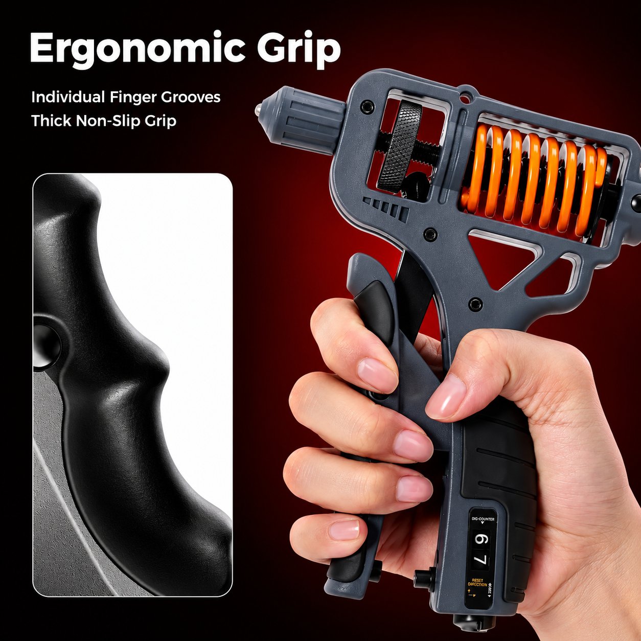 Ergonomic finger grooves and thick non-slip handle on a hand exerciser
