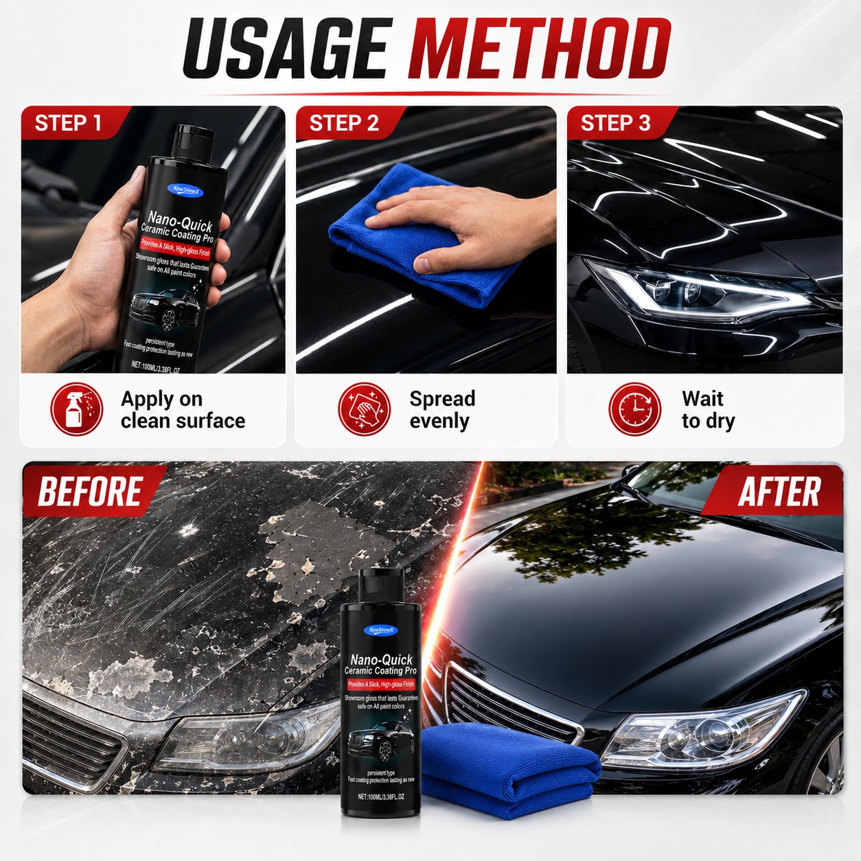 Three-step ceramic car coating method showing application even spreading and drying
