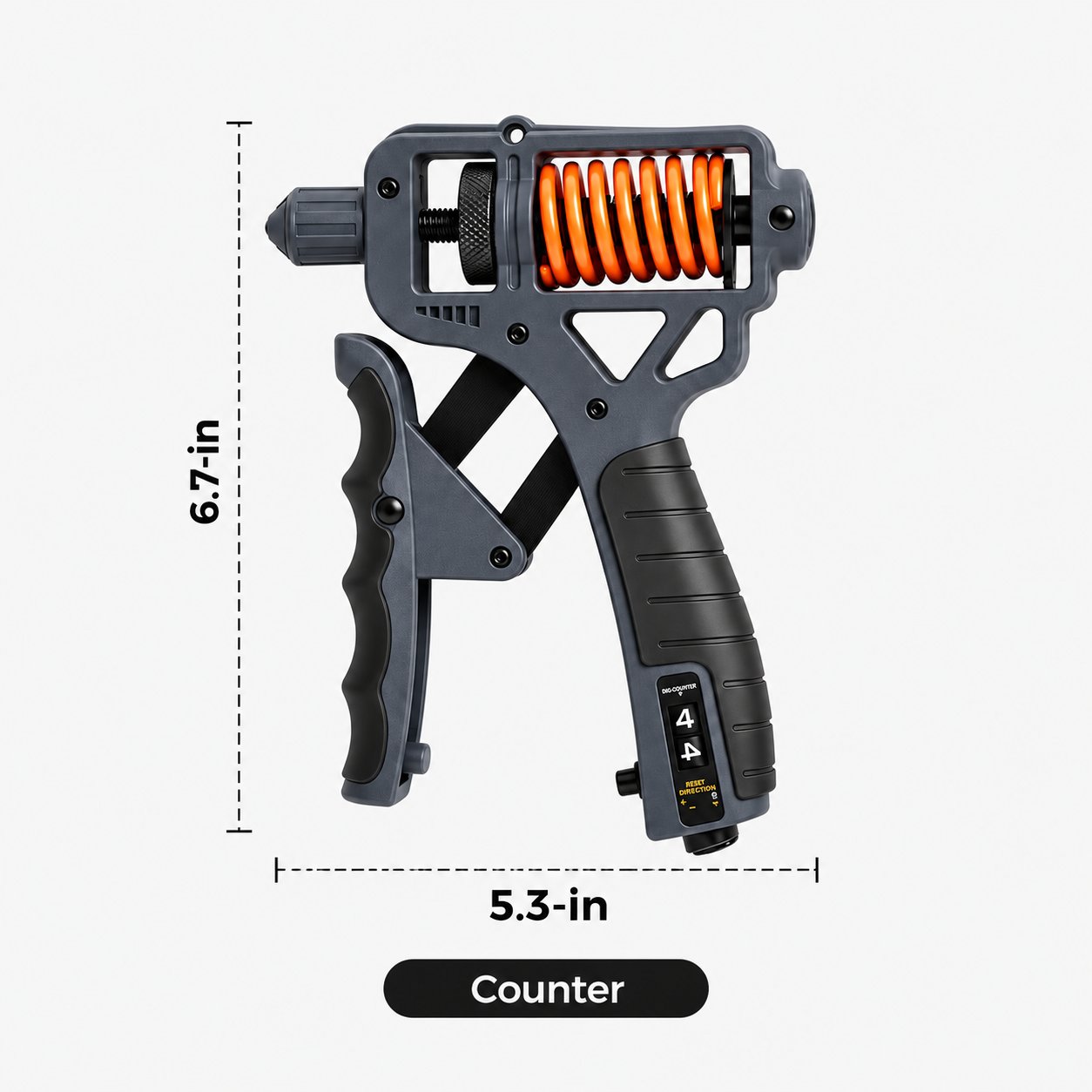 Compact 6.7 by 5.3 inch hand grip trainer with repetition counter