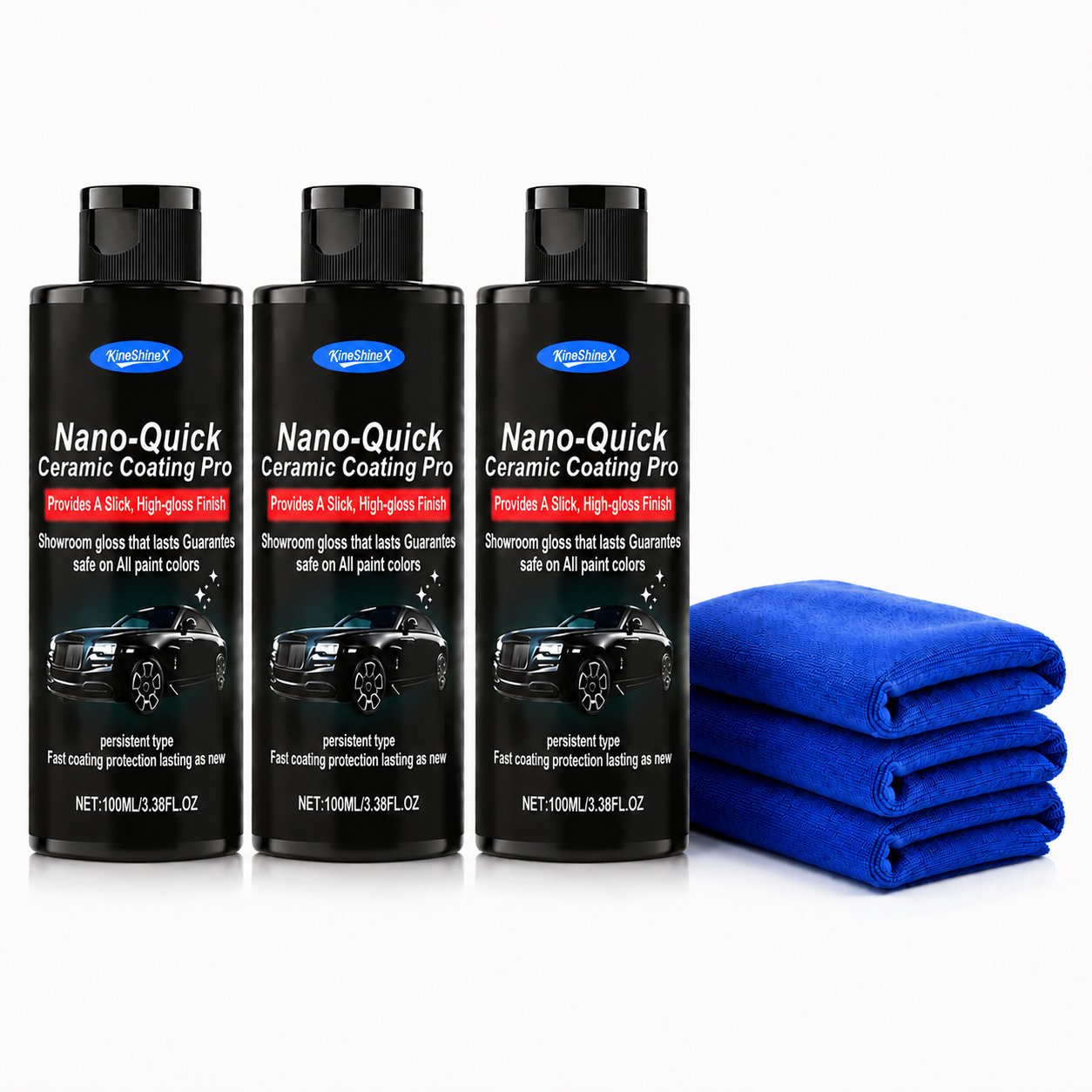 Three quick ceramic car coating bottles with microfiber towels for multi-vehicle care