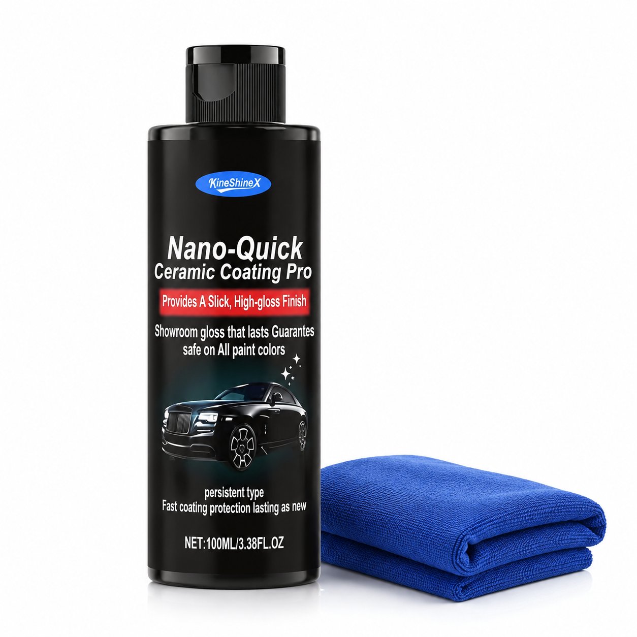 Single quick ceramic car coating bottle with blue microfiber application towel