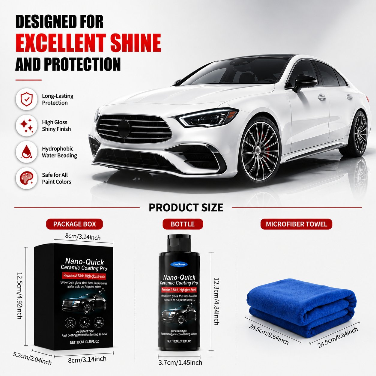 Ceramic car coating set dimensions with 100 milliliter bottle package box and microfiber towel
