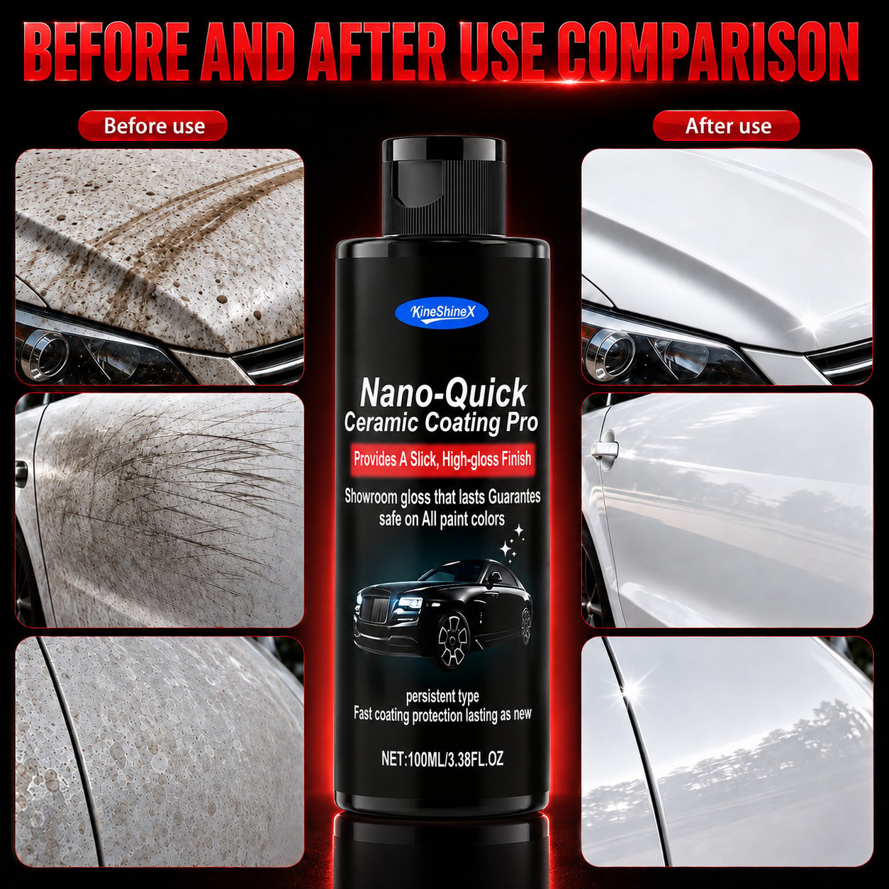 Before and after comparison of dull marked white car paint restored to a smooth glossy appearance