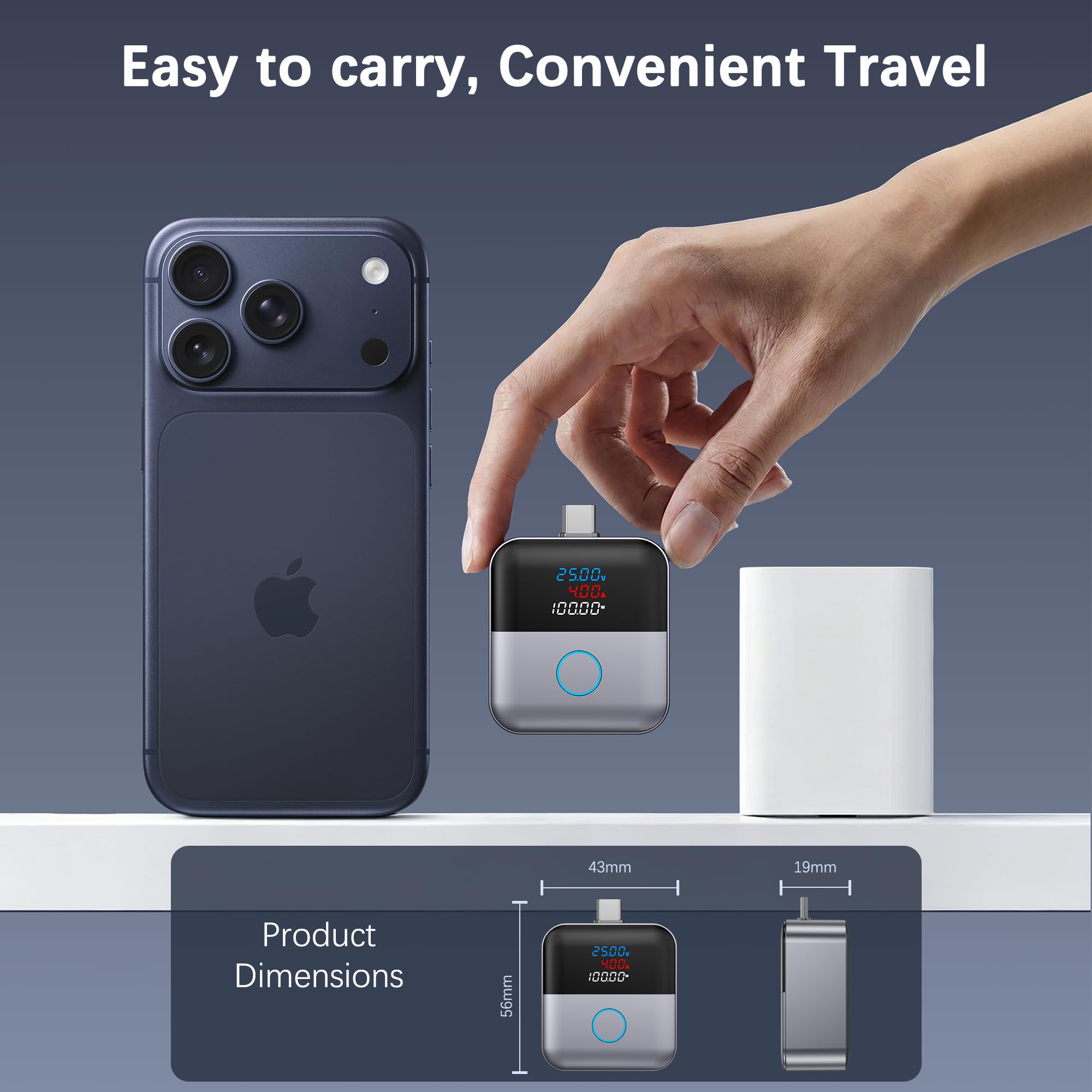 Compact 56 by 43 by 19 millimeter charging protector Pocket-size automatic charging disconnect protector measuring 56 by 43 by 19 millimeters