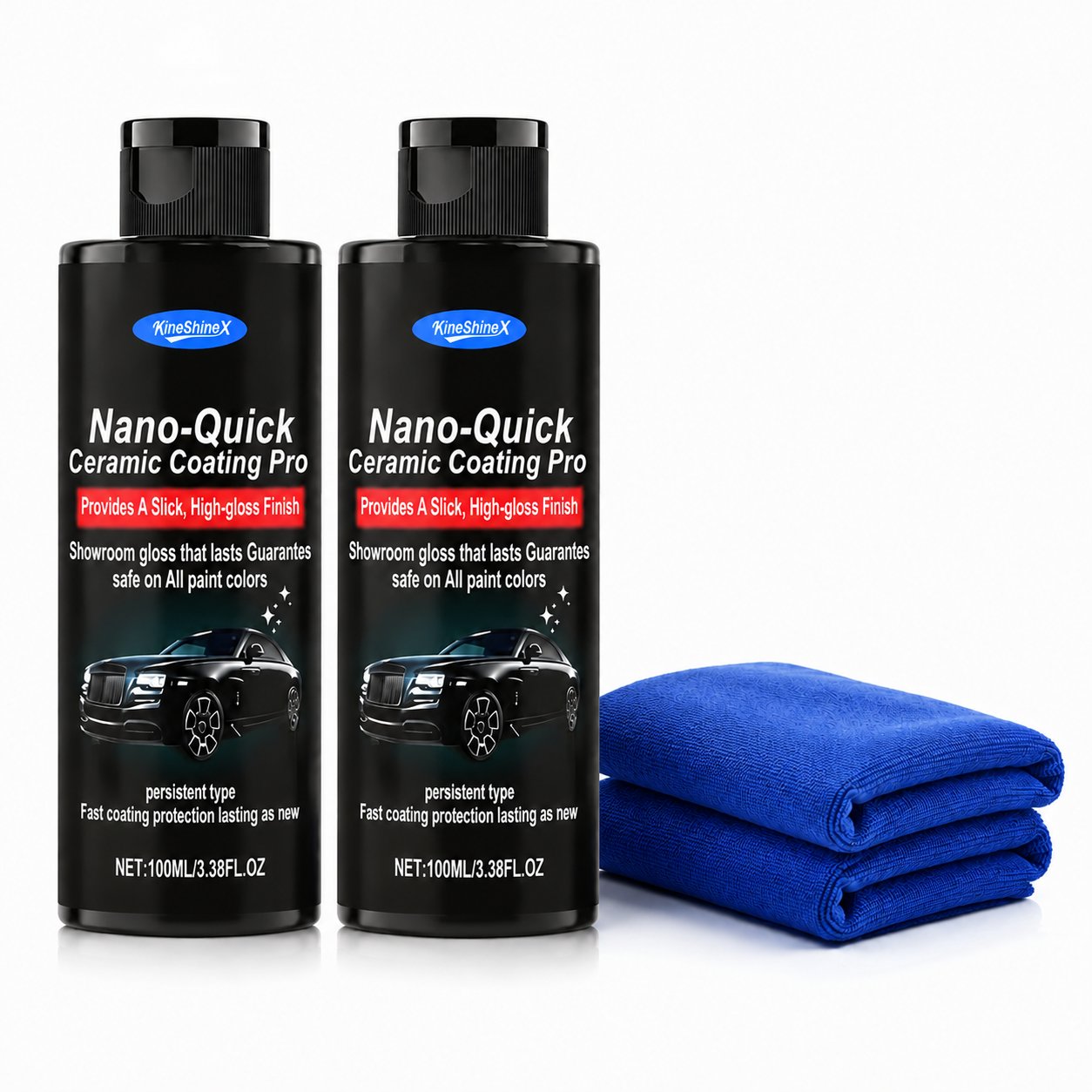 Two quick ceramic car coating bottles with microfiber towels for repeat detailing