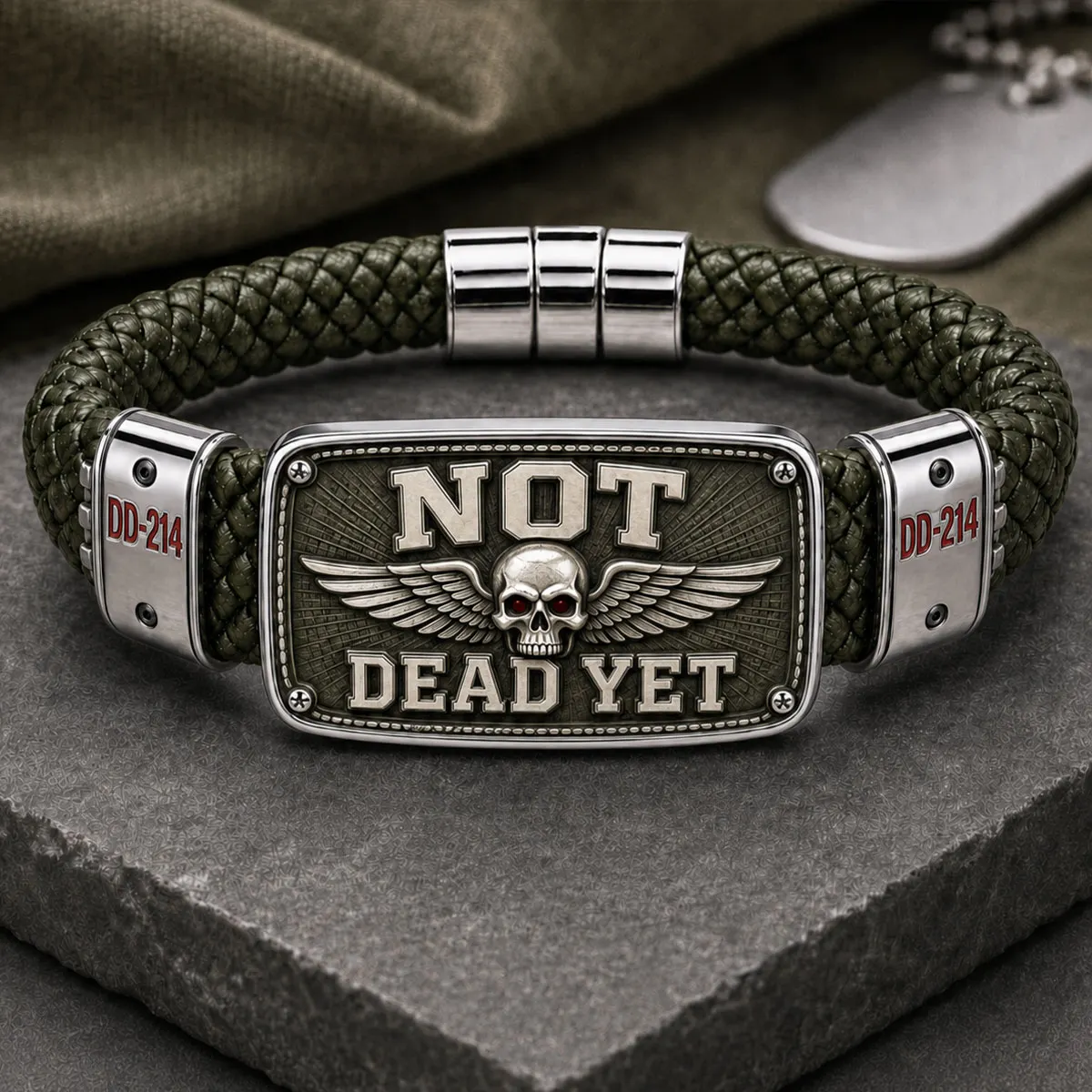 “Not Dead Yet” Veteran Bracelet – Winged Skull Military Humor Braided Cord Wristband