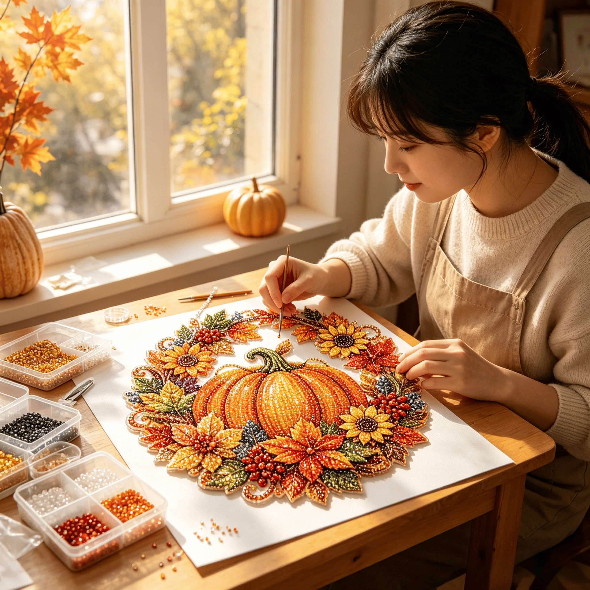 🍂 Herbstlicher Kürbis-Diamantmalerei-Kranz zum Aufhängen – Komplettes DIY-Set
