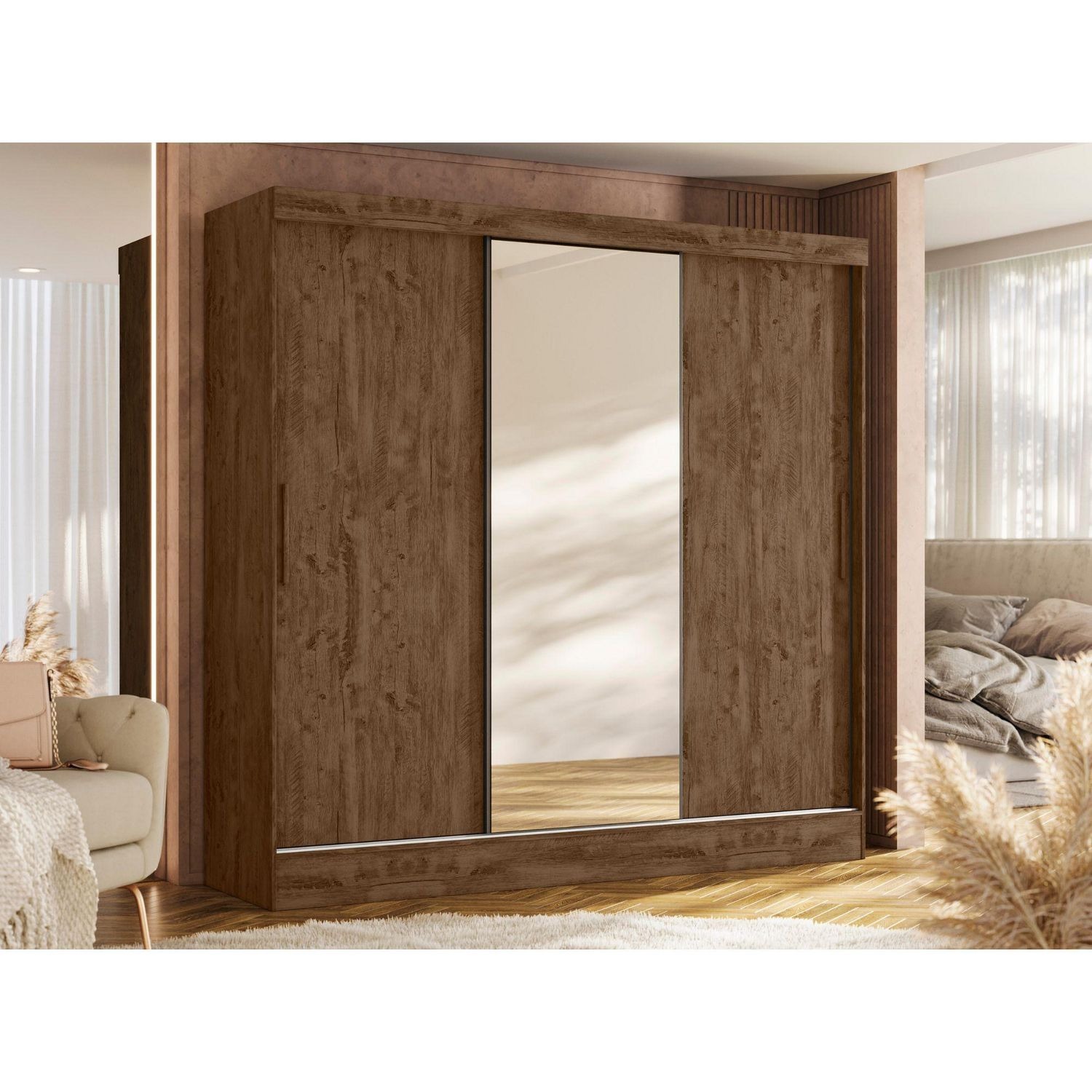 Armario Paris 3 Puertas 2 Cajones con Espejo 185x52x182 cm Nogal