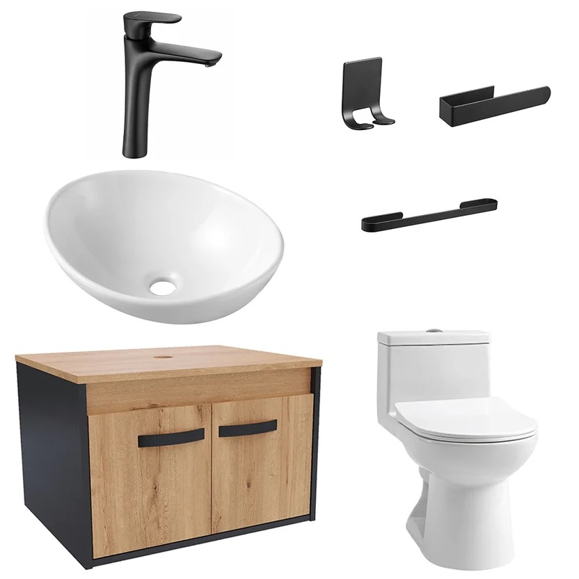 Combo Sanitario Tao Dual, Mueble De Baño Mesty, Lavamanos Vessel, Grifería Monocontrol y Accesorios Negros