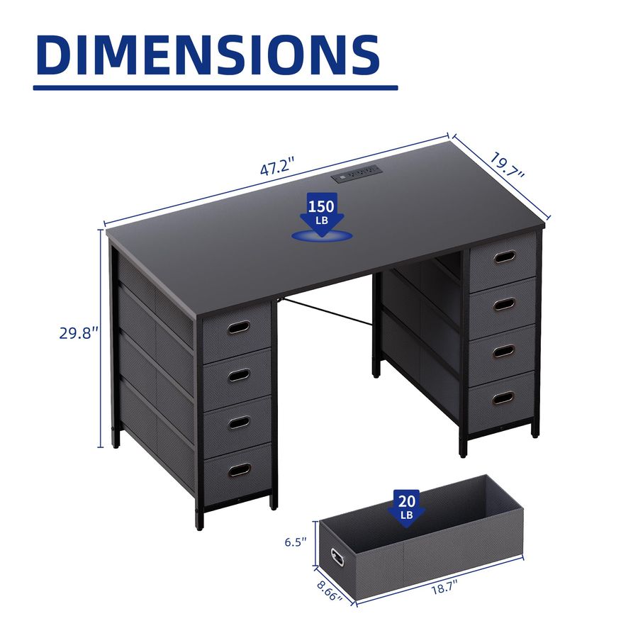 Escritorio para computadora de 47 pulgadas con 8 cajones de tela