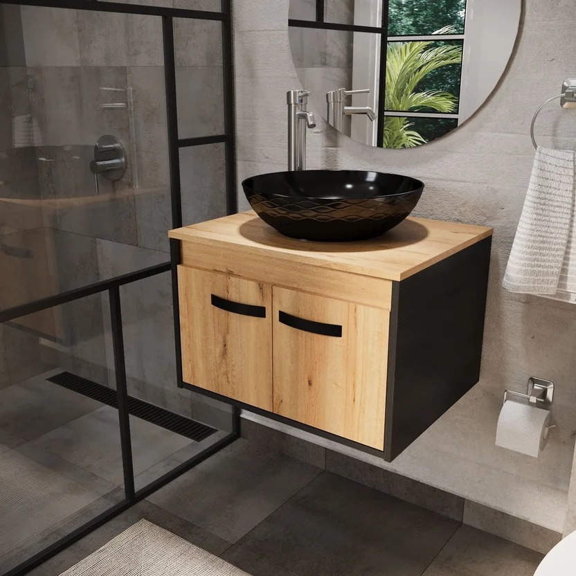 Combo Sanitario Tao Dual, Mueble De Baño Mesty, Lavamanos Vessel, Grifería Monocontrol y Accesorios Negros