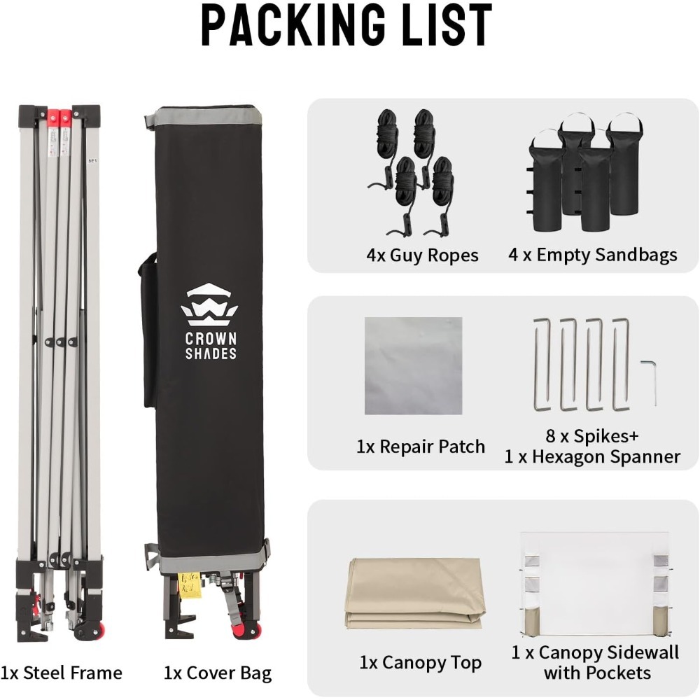 Carpa plegable de 10 x 10 pulgadas, fácil de instalar, con bolsillos y paredes laterales para dar sombra al aire libre.