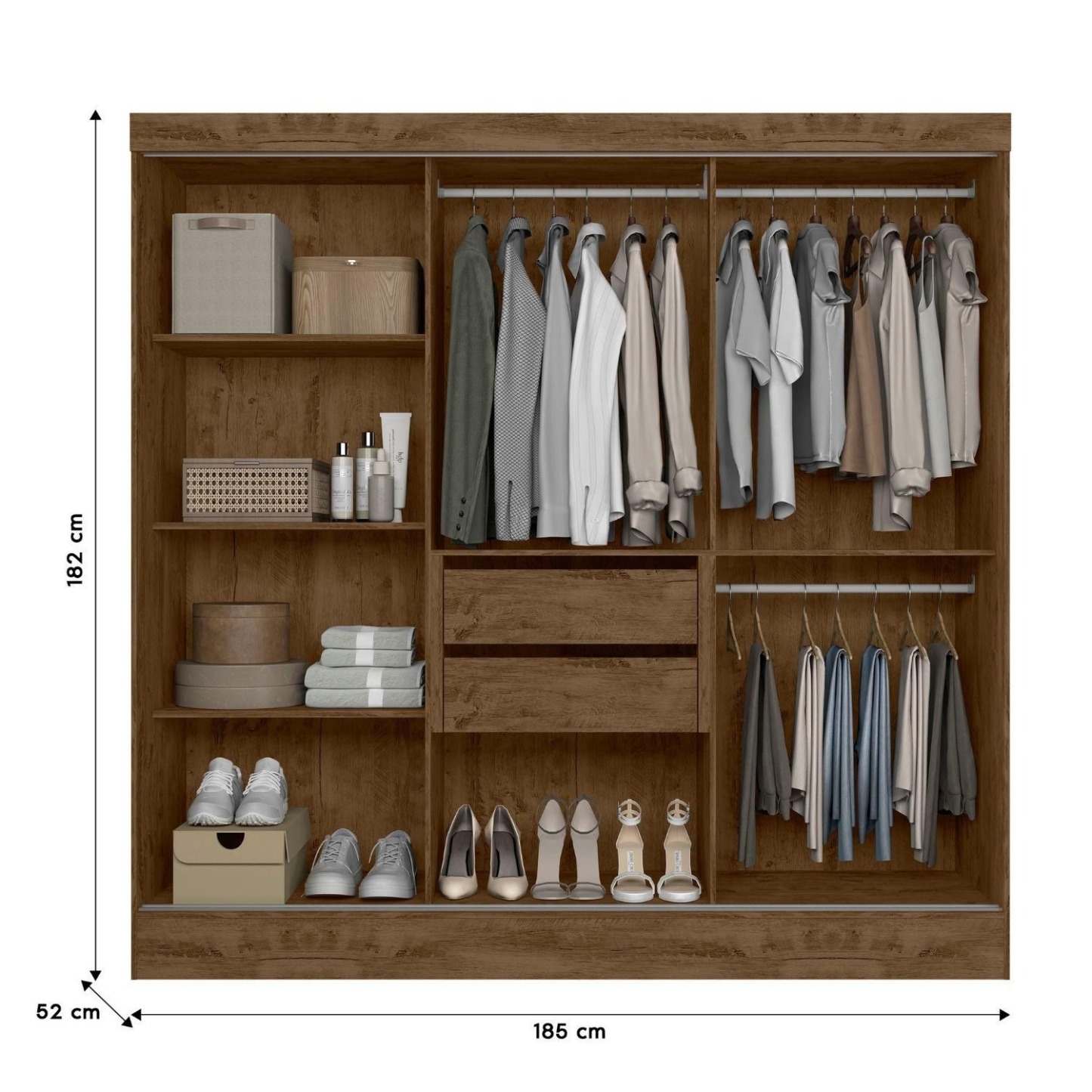 Armario Paris 3 Puertas 2 Cajones con Espejo 185x52x182 cm Nogal