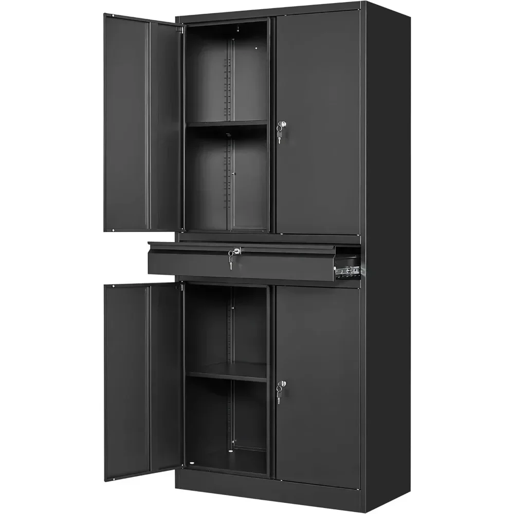 Gabinete de almacenamiento de garaje de metal con puertas con cerradura y estantes ajustables, gabinete para herramientas con 1 cajón - 71"