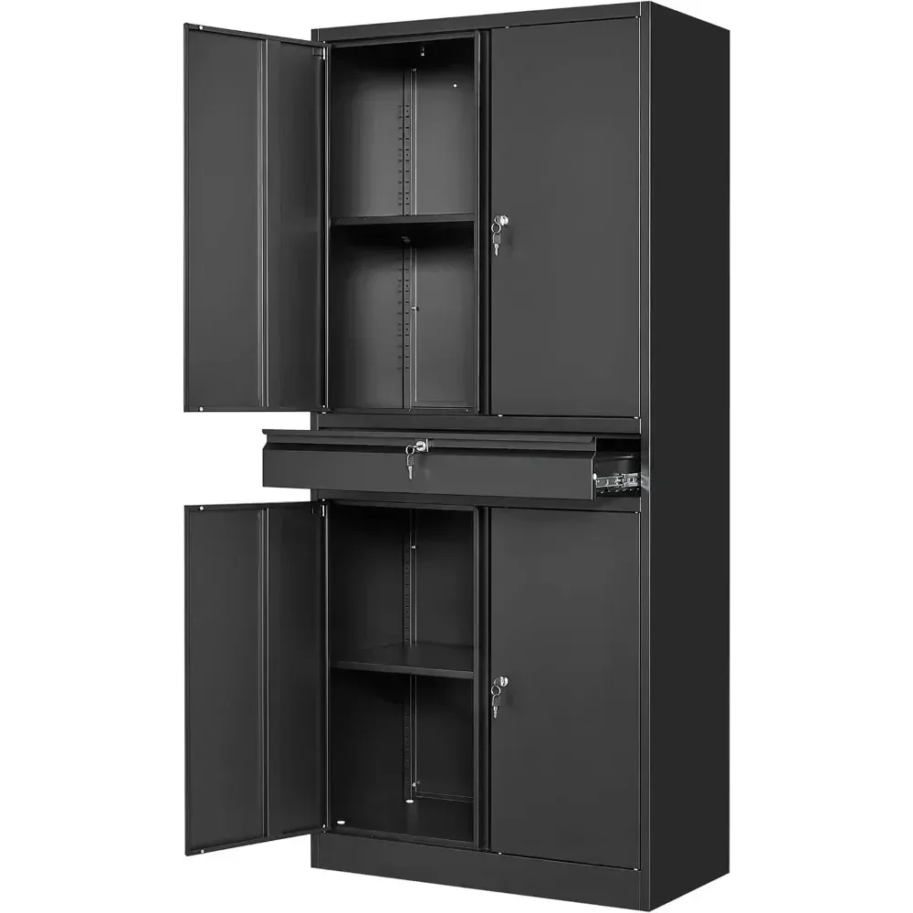 Gabinete de almacenamiento de garaje de metal con puertas con cerradura y estantes ajustables, gabinete para herramientas con 1 cajón - 71"