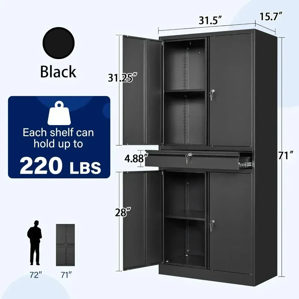 Gabinete de almacenamiento de garaje de metal con puertas con cerradura y estantes ajustables, gabinete para herramientas con 1 cajón - 71"