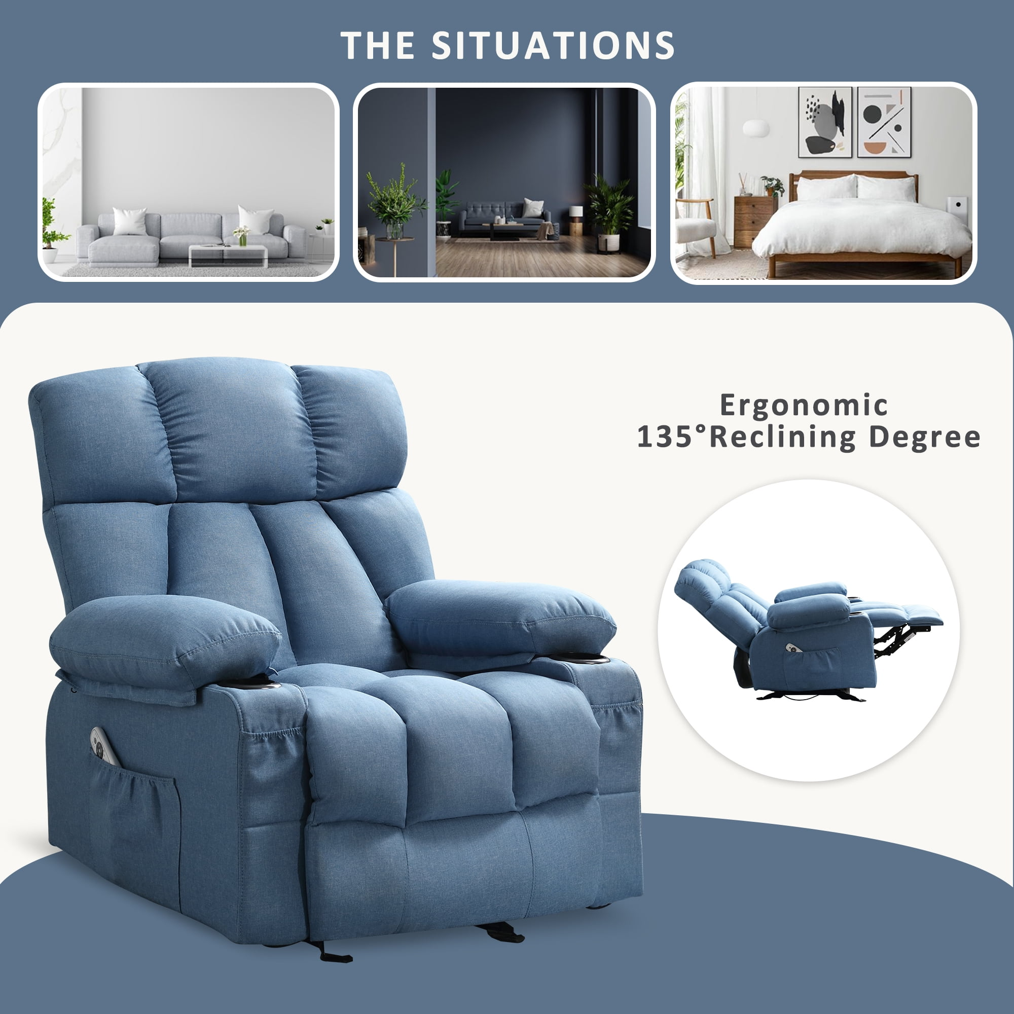 Sillón reclinable manual con terapia de calor y función de masaje, sillón de masaje con mecanismo reclinable de alta resistencia