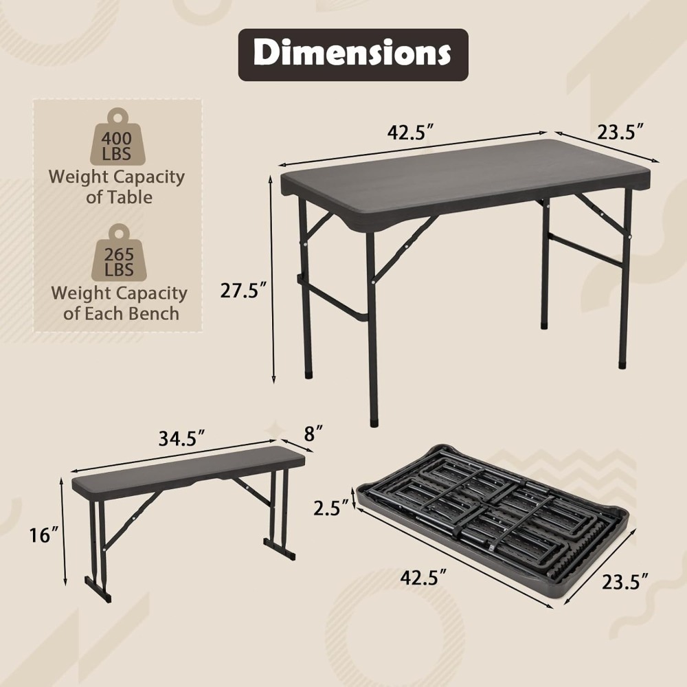 Juego de mesa de pícnic y bancos plegables, juego de mesa de comedor rectangular para patio