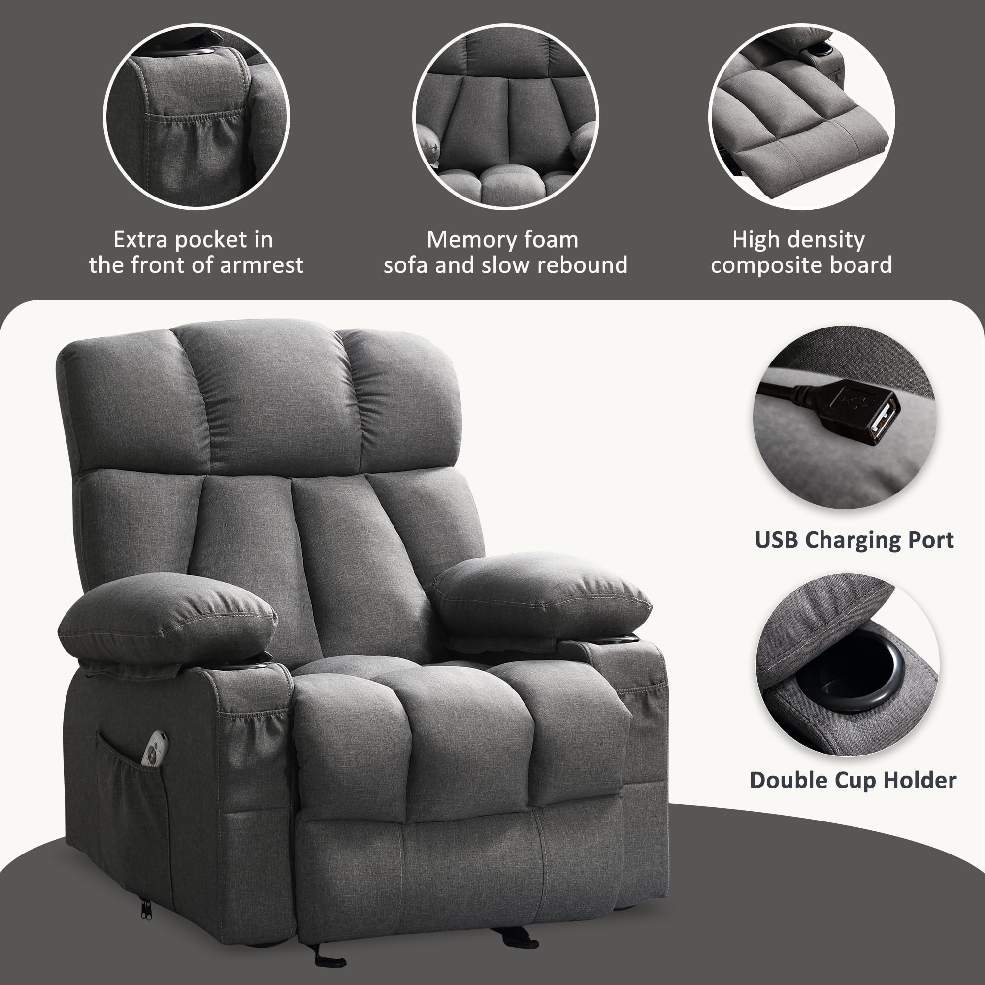 Sillón reclinable manual con terapia de calor y función de masaje, sillón de masaje con mecanismo reclinable de alta resistencia