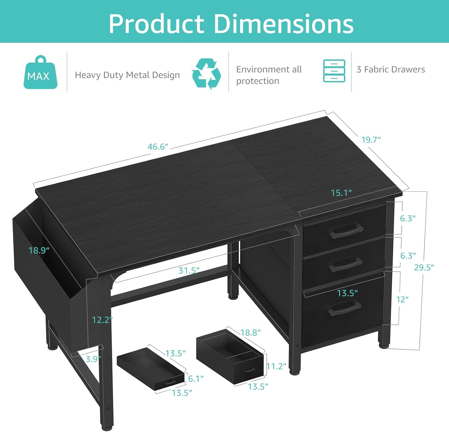 Escritorio de oficina reversible de 47 pulgadas con cajones archivadores