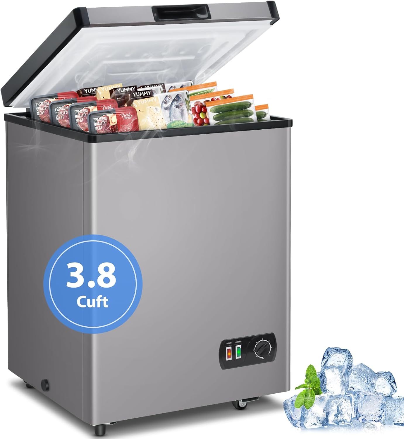 LifePlus - Congelador de pecho pequeÃ±o, 3.8 pies cÃºbicos, puerta superior con cesta extraÃ­ble, 7 controles de temperatura, ahorro de energÃ­a, sÃºper silencioso, congelador compacto para el hogar,