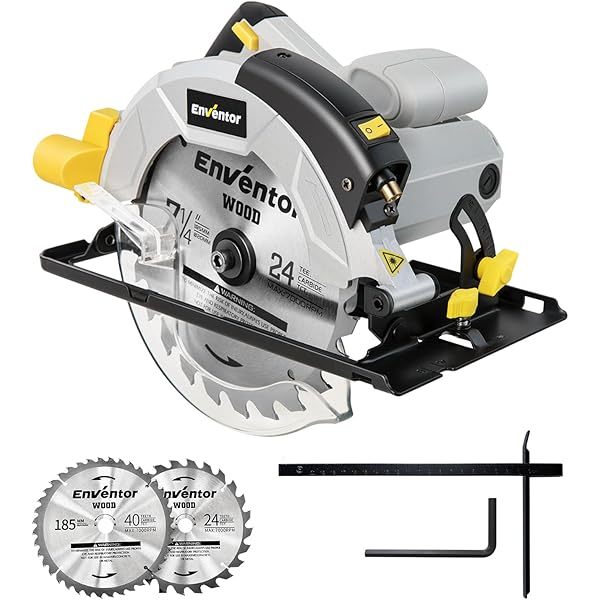 Enventor Sierra Circular 1200W, Sierra Circular de Mano 5800RPM, 2 Hojas de Sierra de 24T+40T(Ø185mm), Corte 62mm(90°)/42mm(45°), Guía Láser, para Cortar Madera, Metal Blando, Plástico