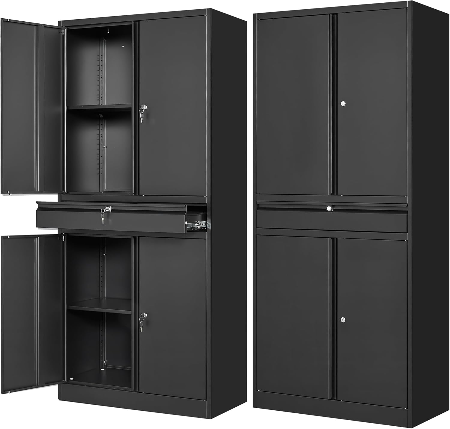 Gabinete de almacenamiento de garaje de metal con puertas con cerradura y estantes ajustables, gabinete para herramientas con 1 cajón - 71"
