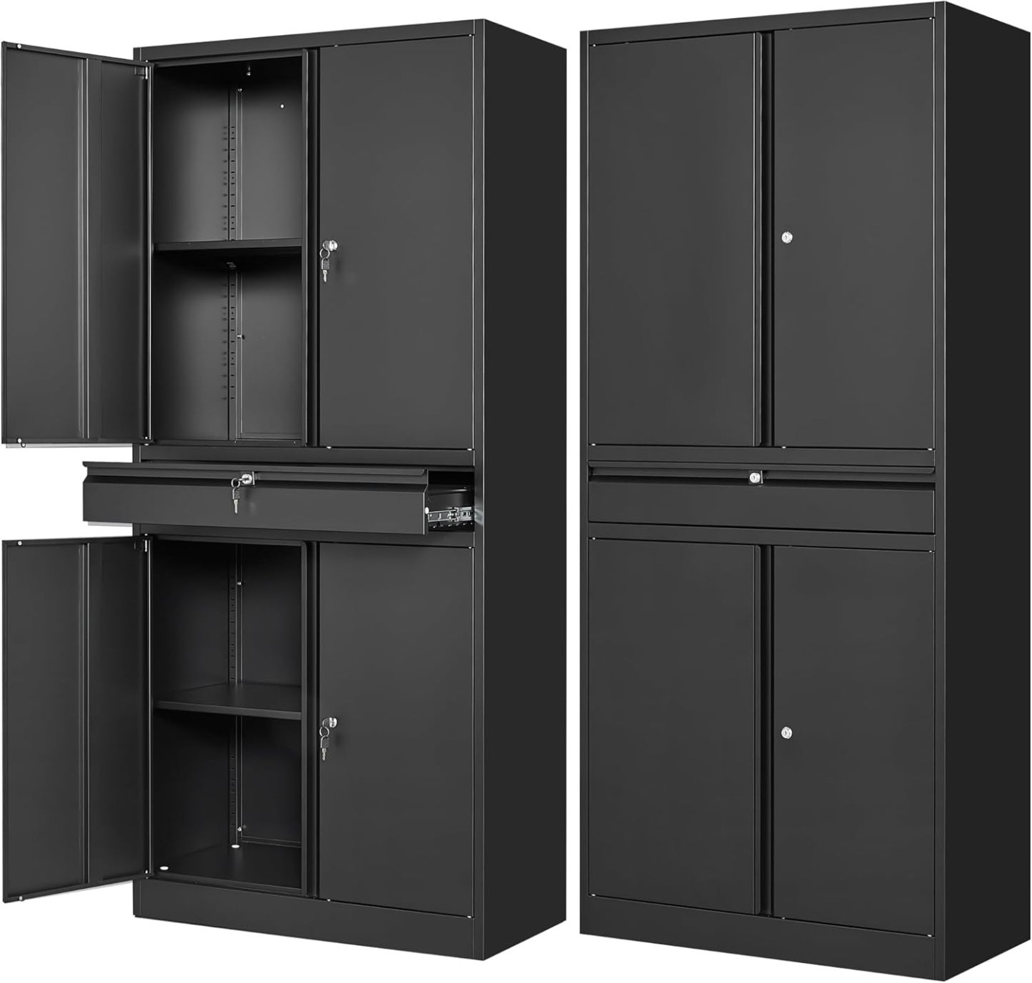 Gabinete de almacenamiento de garaje de metal con puertas con cerradura y estantes ajustables, gabinete para herramientas con 1 cajón - 71"