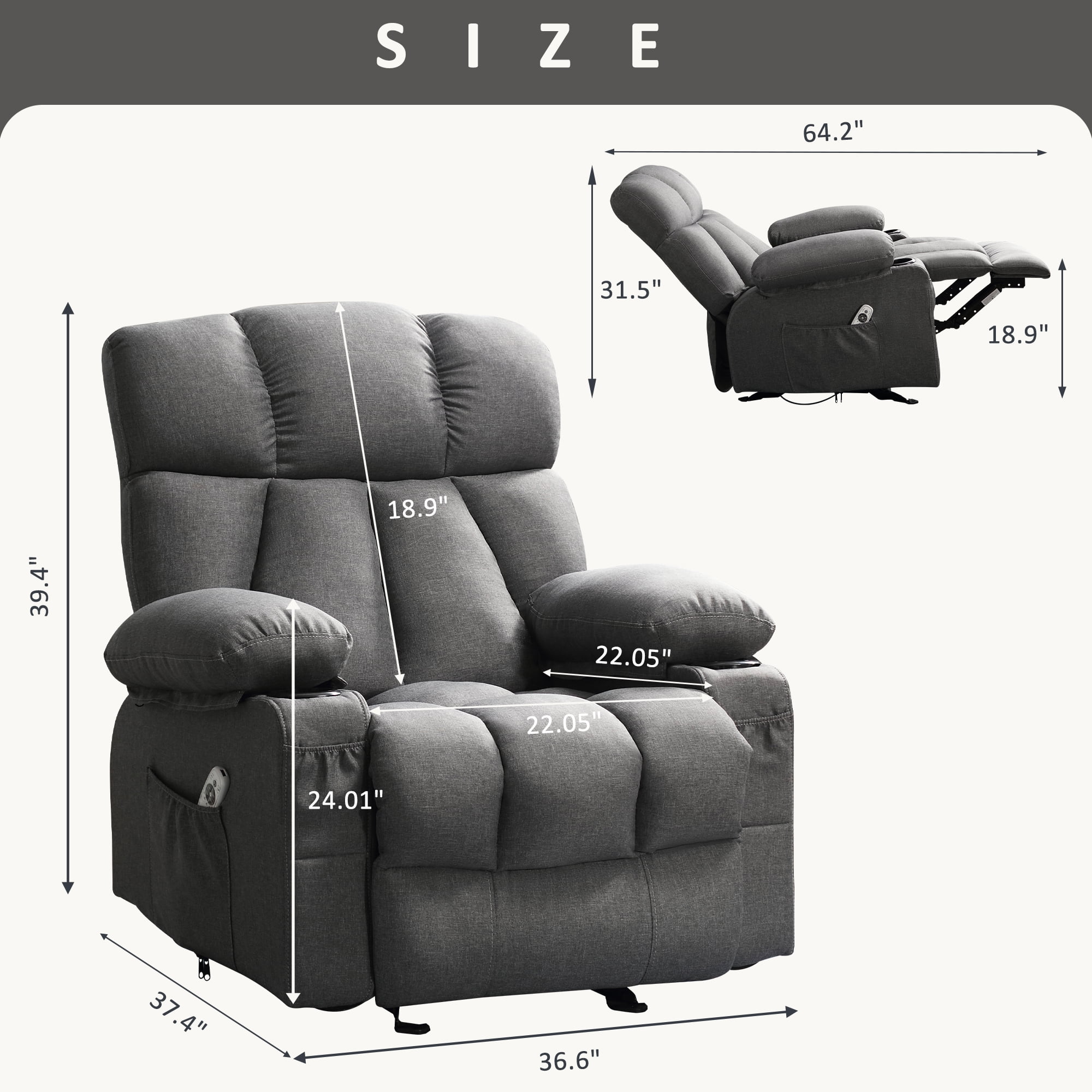Sillón reclinable manual con terapia de calor y función de masaje, sillón de masaje con mecanismo reclinable de alta resistencia