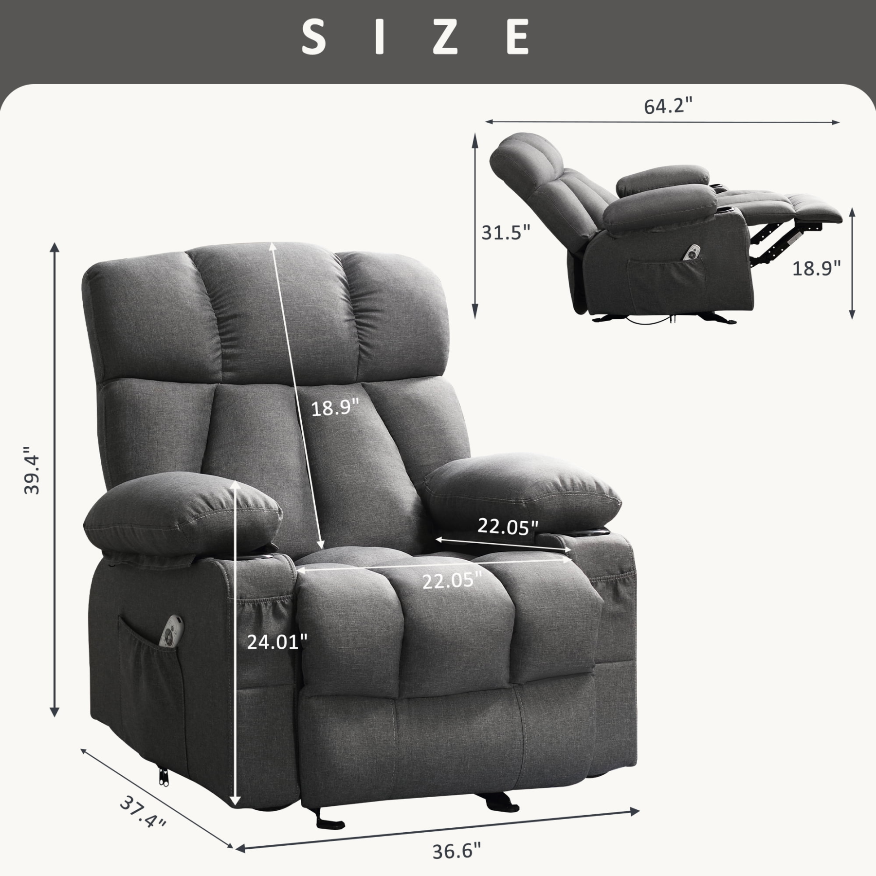 Sillón reclinable manual con terapia de calor y función de masaje, sillón de masaje con mecanismo reclinable de alta resistencia
