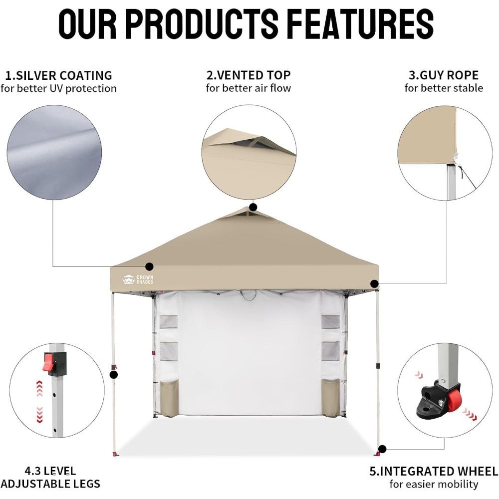 Carpa plegable de 10 x 10 pulgadas, fácil de instalar, con bolsillos y paredes laterales para dar sombra al aire libre.