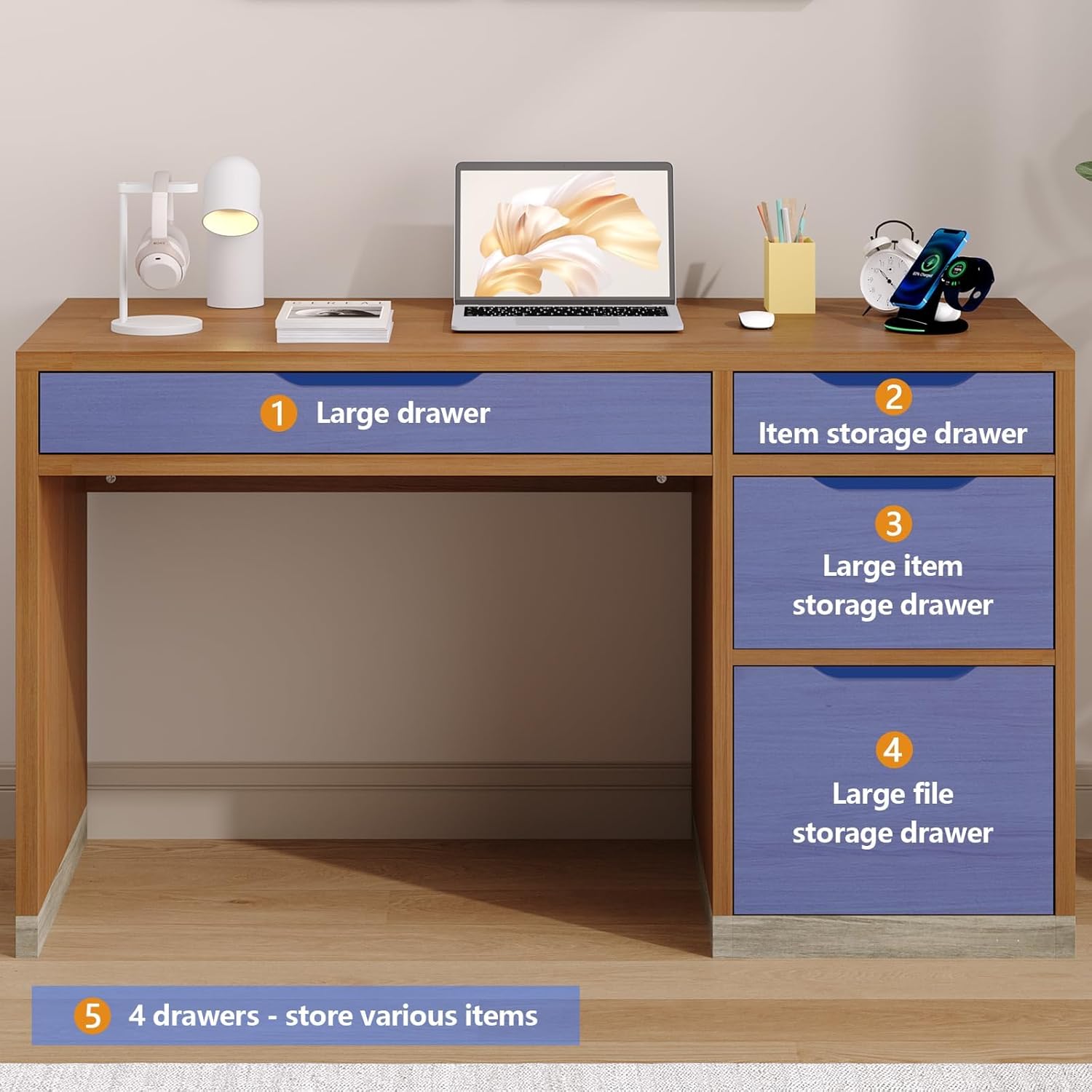 Escritorio de 52 pulgadas con 4 cajones — Escritorio compacto para computadora, ideal para espacios pequeños
