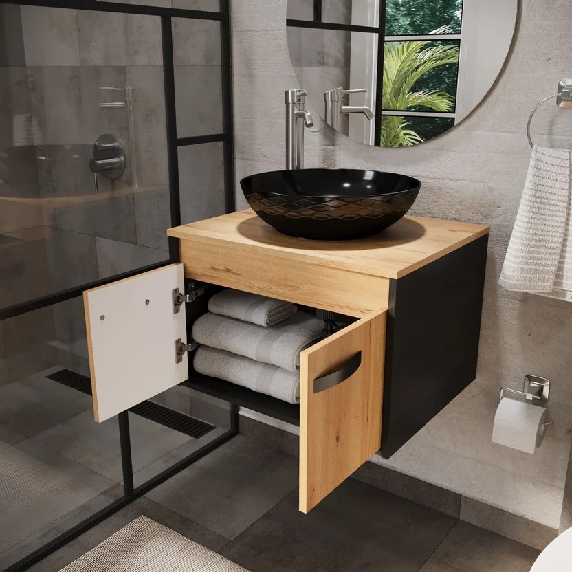 Combo Sanitario Tao Dual, Mueble De Baño Mesty, Lavamanos Vessel, Grifería Monocontrol y Accesorios Negros