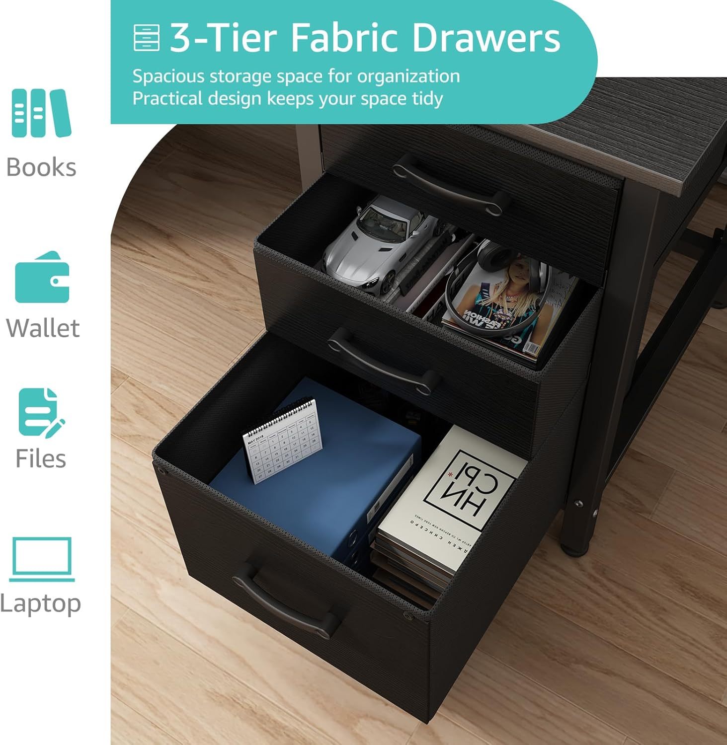 Escritorio de oficina reversible de 47 pulgadas con cajones archivadores