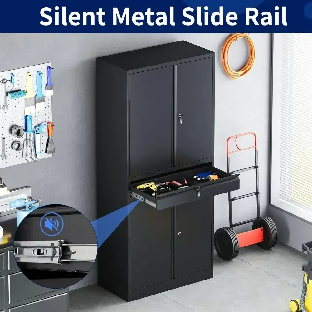 Gabinete de almacenamiento de garaje de metal con puertas con cerradura y estantes ajustables, gabinete para herramientas con 1 cajón - 71"